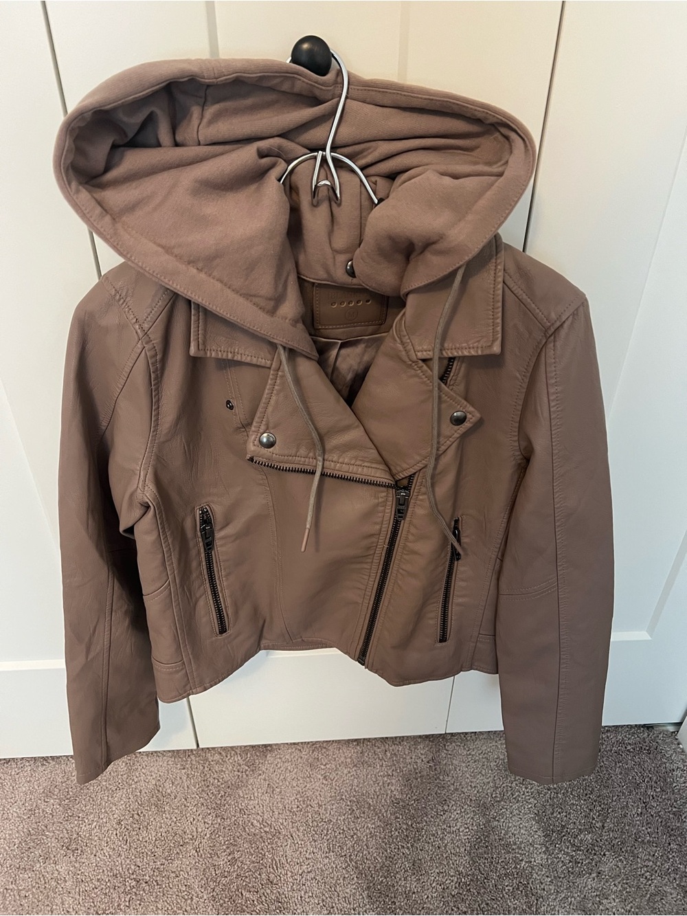 Blank NYC Taupe Faux-Leather Hooded Moto Jacket